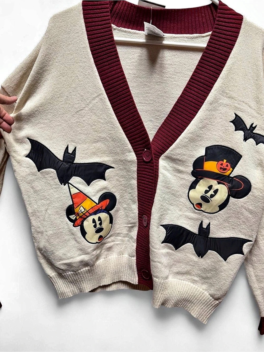 Disney Mickey Mouse Halloween Cardigan Cream & Burgundy Women’s S Fall Sweater